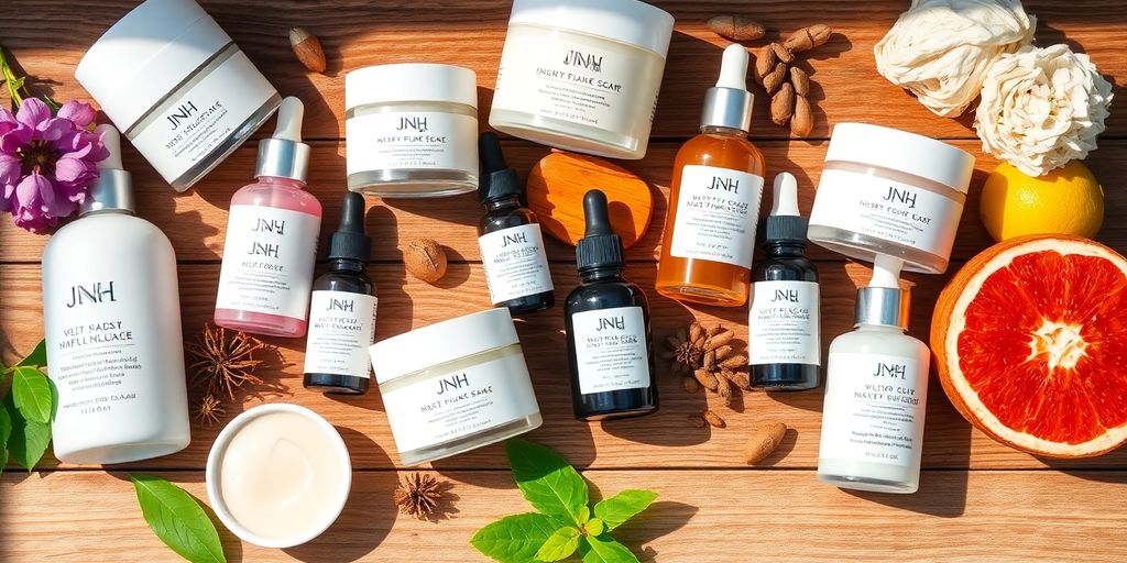 JNH skincare products arranged on a wooden surface.