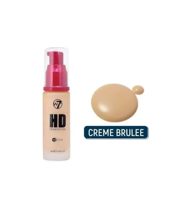 W7 HD Foundation 12 Hours Creme Brule bottle on white background